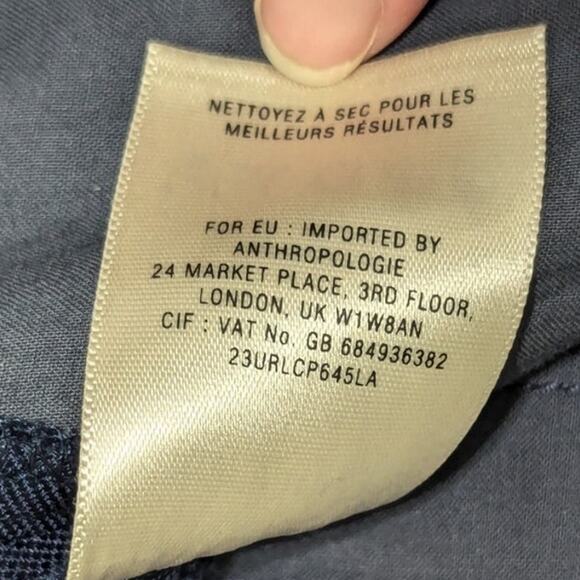 Anthropologie Leifsdottir Navy Blue Linen Trousers Ruffle Front Tapered Pants - Picture 6 of 6